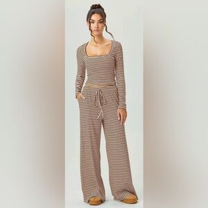 Trendy boutique Cream & Brown Striped Ribbed Lounge Set